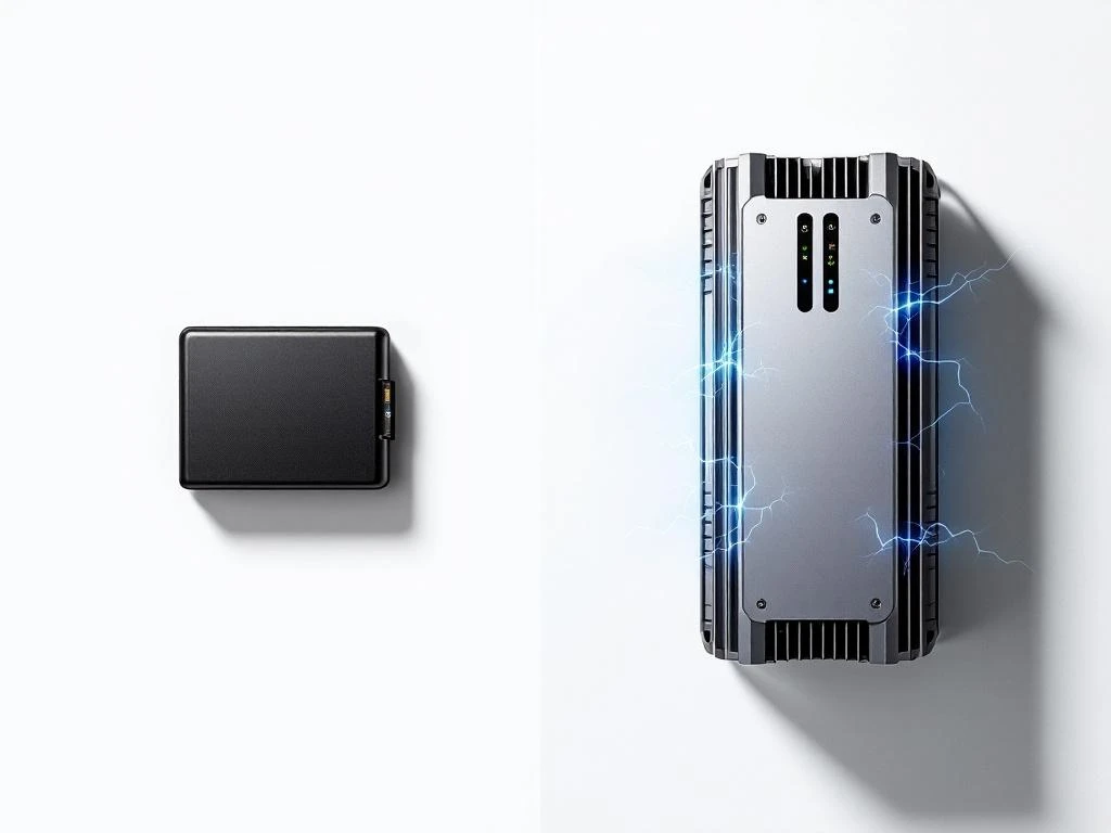 Split-screen comparison of standard black battery pack versus advanced silver performance battery with cooling fins and blue energy effects.