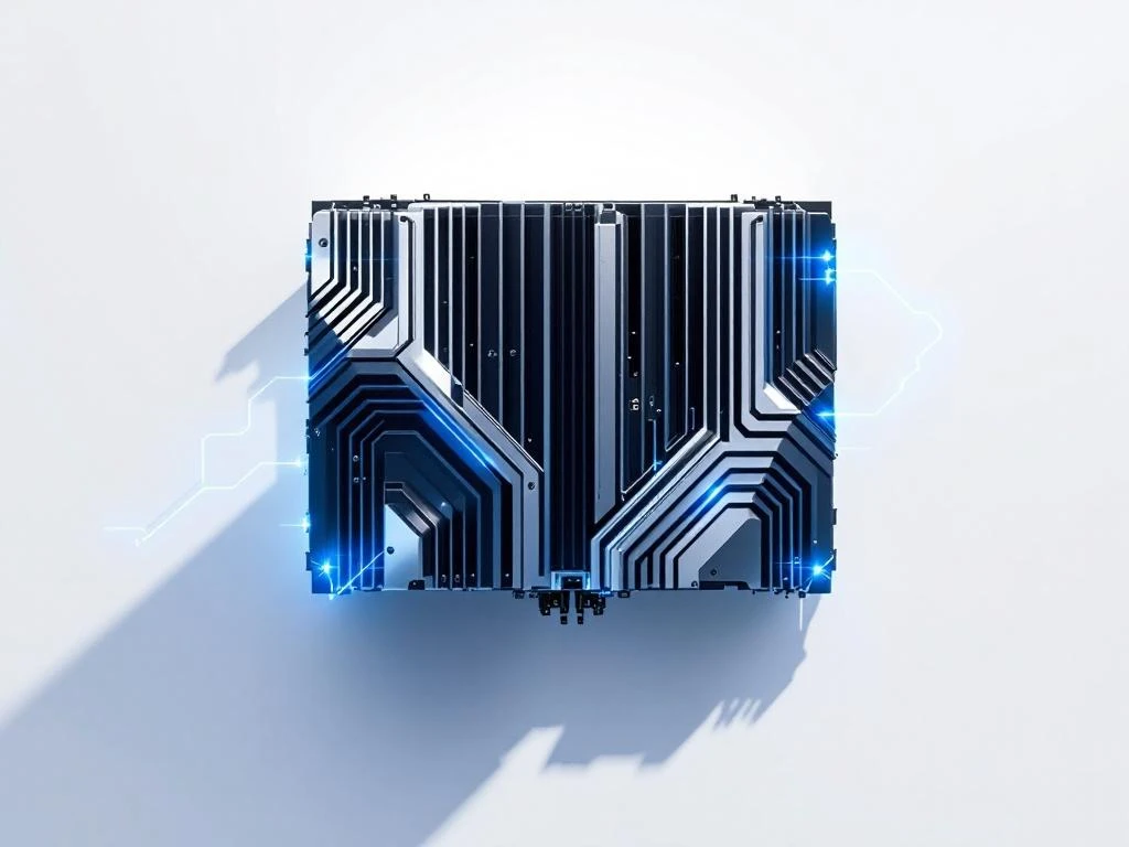 High-performance battery pack module with silver and blue precision-engineered cells, cooling channels, and electric energy lines