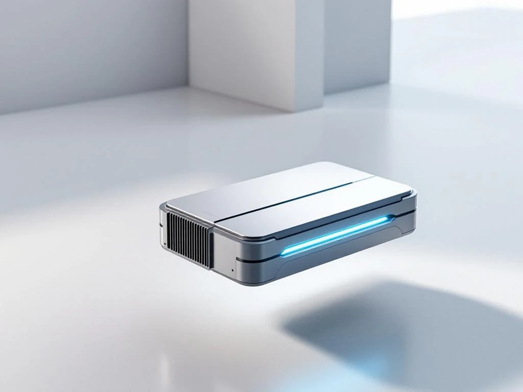 Modern battery pack module with sleek metallic design, blue-green energy accents, and cooling channels on white background.