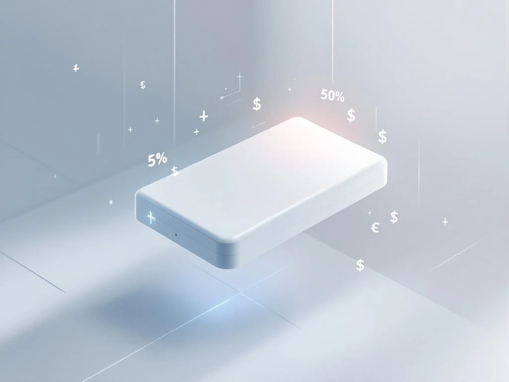 White battery pack module with floating price tags and dollar symbols on minimalist grid background with blue accents.