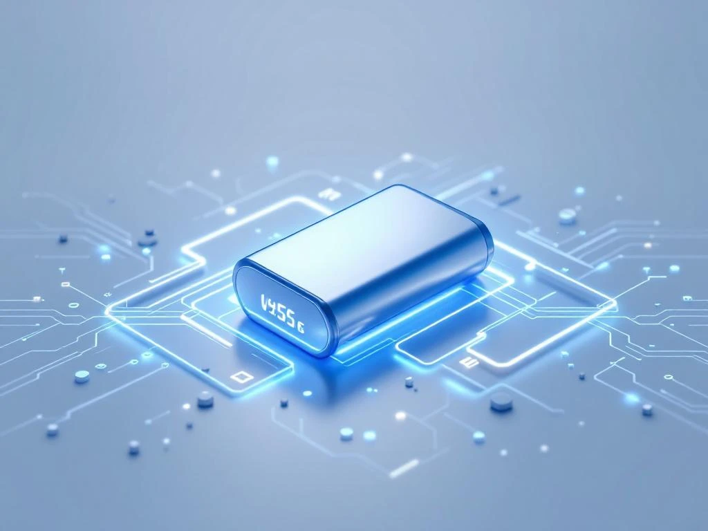 Modern silver battery cell with blue LED voltage display surrounded by translucent electrical circuit patterns on white background