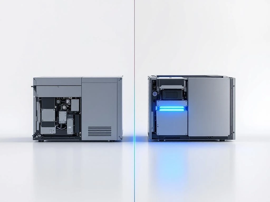 Split-screen comparison of standard gray battery pack versus custom battery module with blue LED cooling system