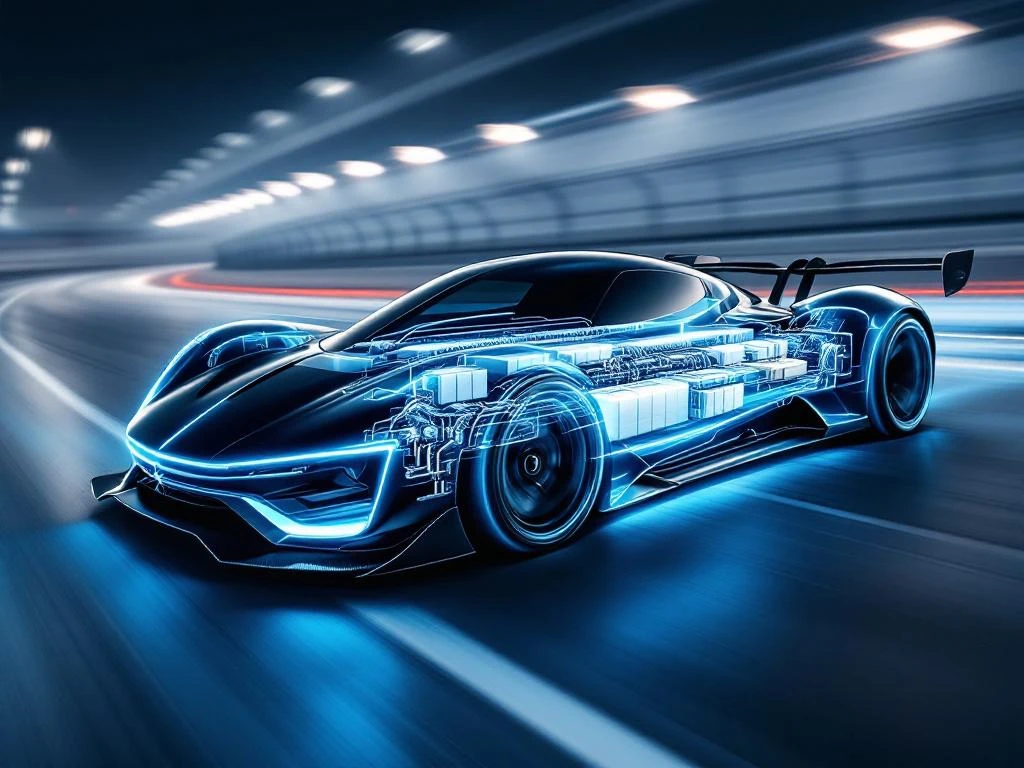 Electric racing car with cutaway view showing modular battery pack system glowing blue on racing track