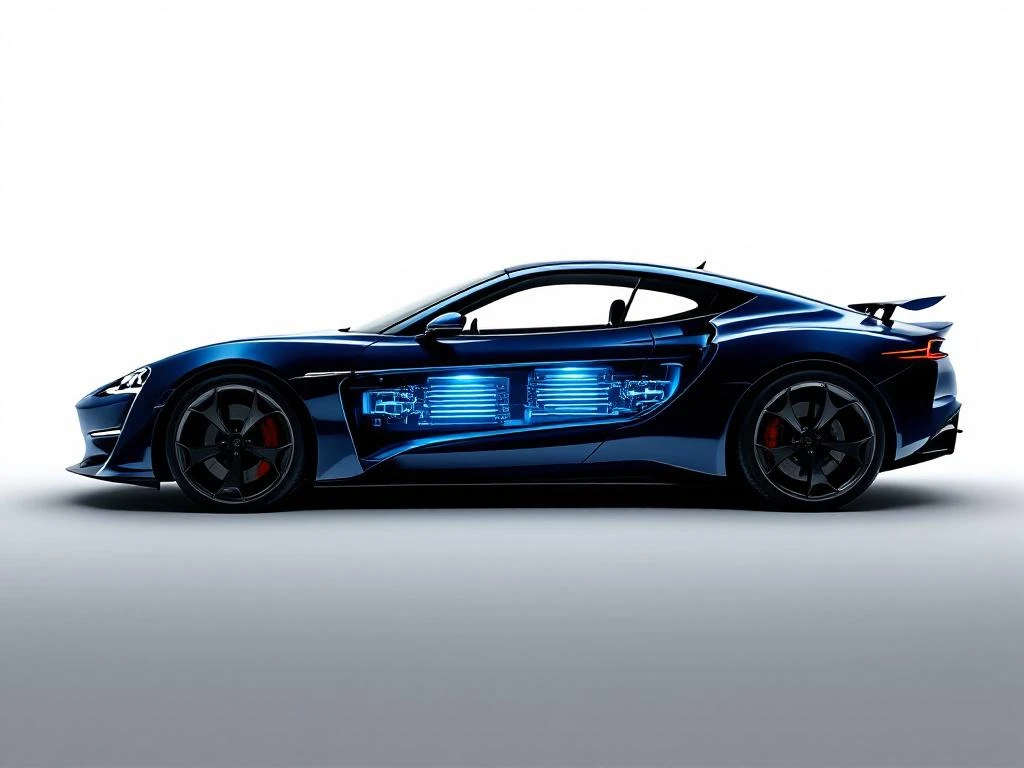Dark blue sports car with open hood displaying illuminated electric battery pack system against white background