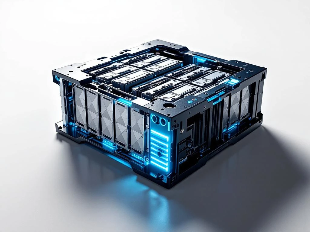 Formula 4 racing car battery pack with modular lithium cells, cooling channels, and metallic silver-blue accents on white background.