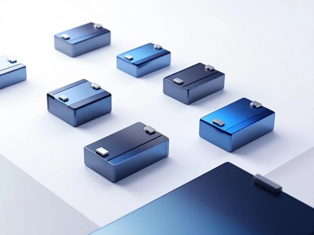 Modular battery cells in geometric pattern with blue gradient and silver accents on white background showing scalable design