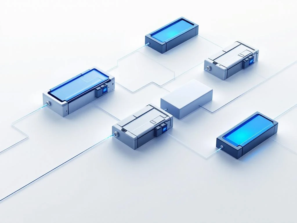 Modular battery components arranged in geometric grid pattern with electric blue and silver modules on white background.