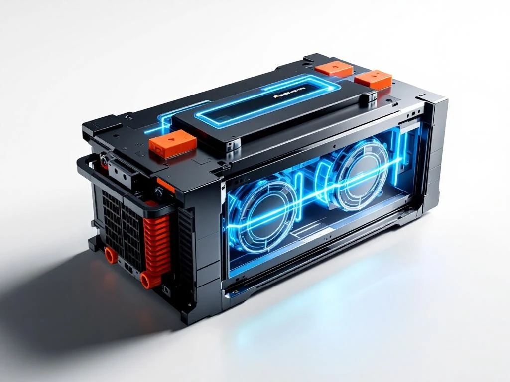 High-performance racing battery pack with cooling channels, heat sinks, and orange safety connectors on white background