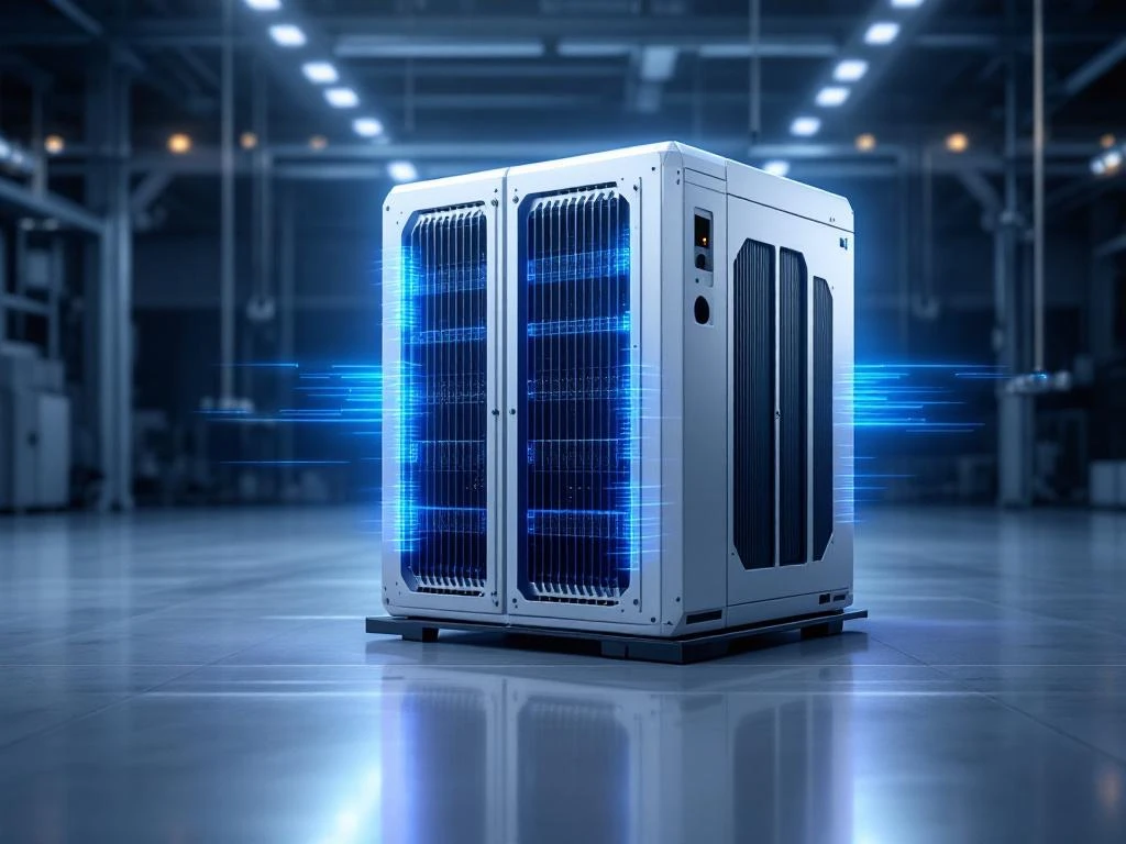 Modern air-cooled battery pack system with cooling fins, ventilation channels, and modular design in blue and silver