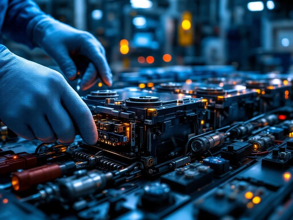 Technician installing industrial battery cells into modular housing with precision tools in high-tech workspace