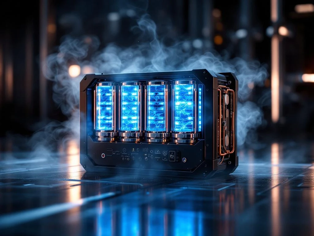 High-tech battery pack with glowing blue liquid cooling tubes and modular cells against dark metallic background