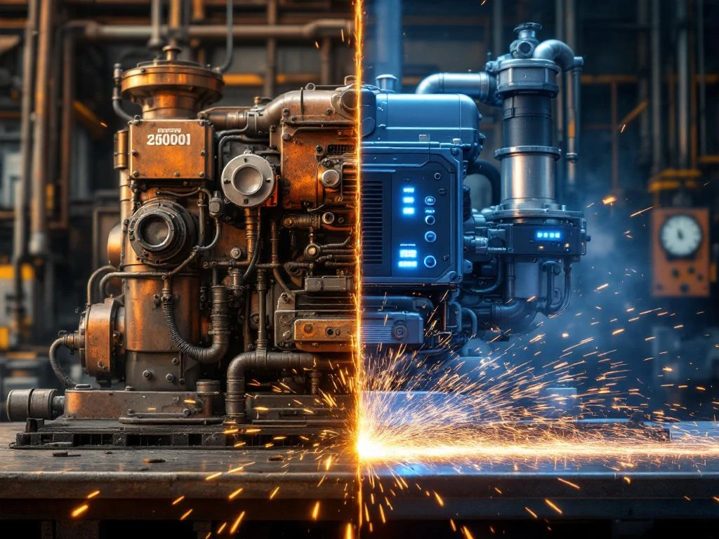 Industrial machine split-screen showing vintage mechanical components transforming into modern electric retrofit with blue LED battery packs.