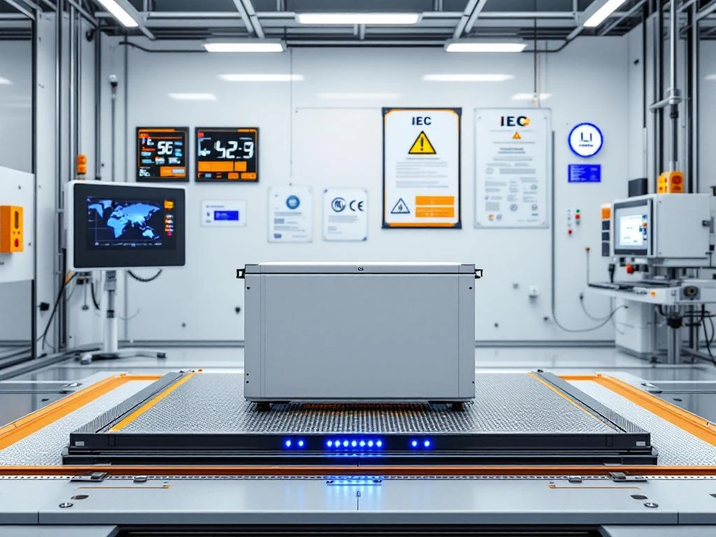 Battery pack on testing platform in modern laboratory with safety monitoring equipment and IEC certification documents