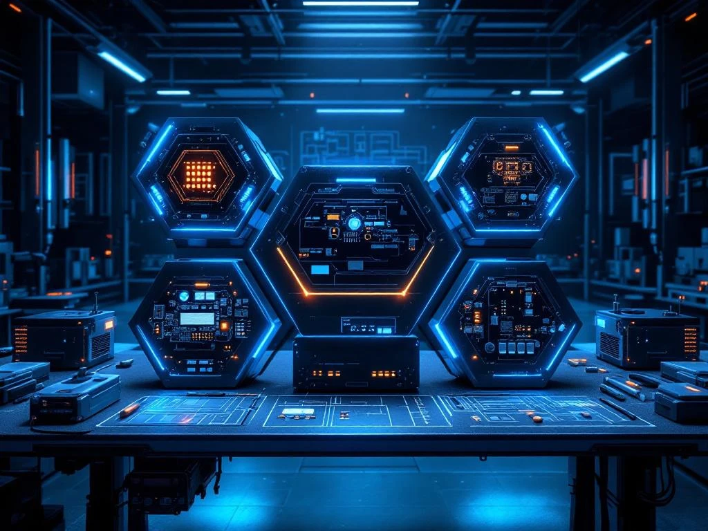 Six battery system components arranged in hexagonal formation on modern industrial workbench with blue and orange lighting.