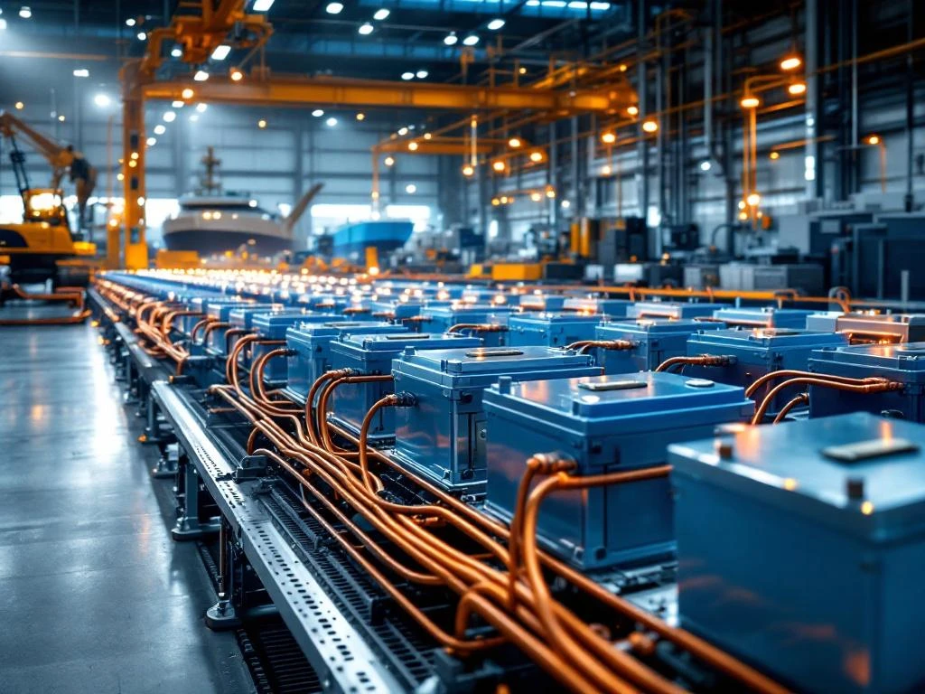 Industrial battery manufacturing facility with modular blue and silver battery systems connected by copper cables on assembly line.