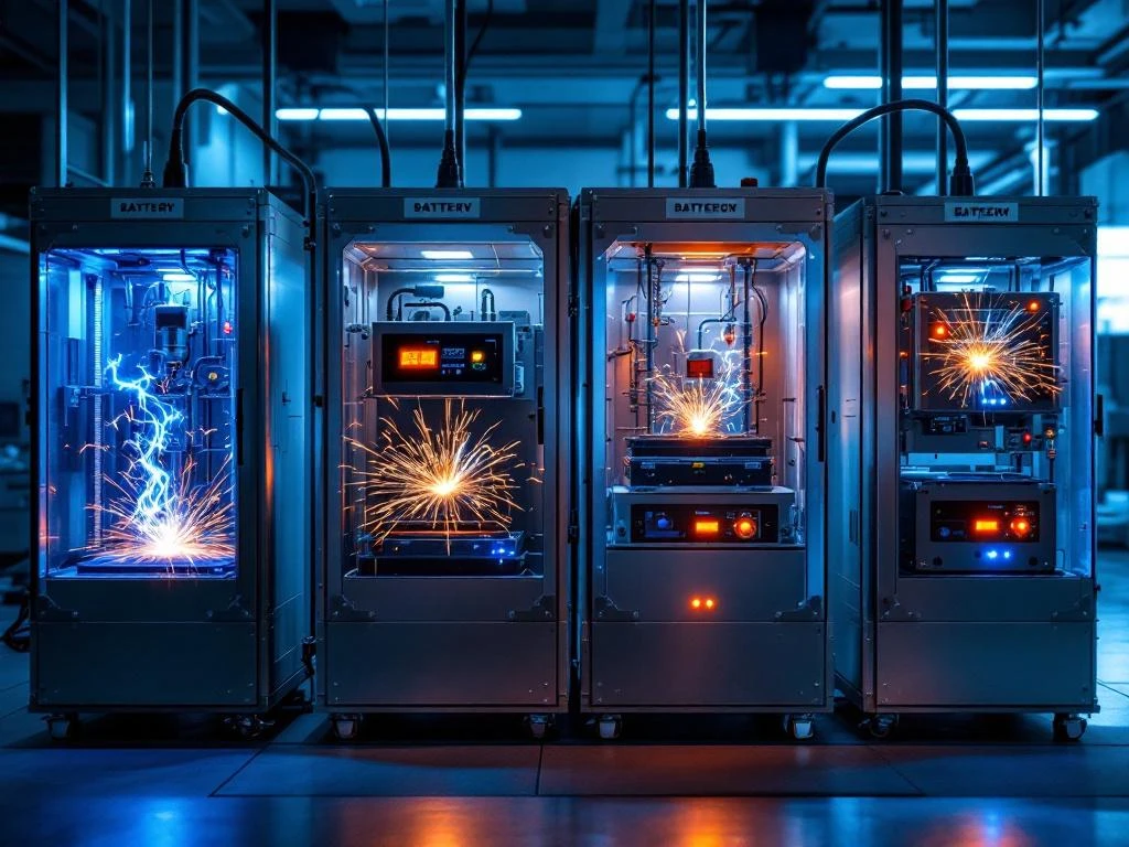 Four industrial battery testing stations with monitoring equipment and LED indicators in high-tech laboratory setting