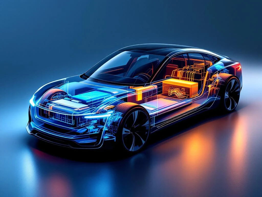 Cutaway view of electric vehicle showing hybrid power system with glowing blue battery pack and orange fuel cell stack