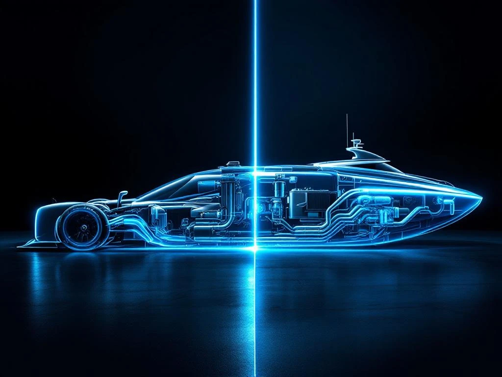 Formula E race car and electric boat with transparent cooling systems showing blue liquid flowing through illuminated tubes