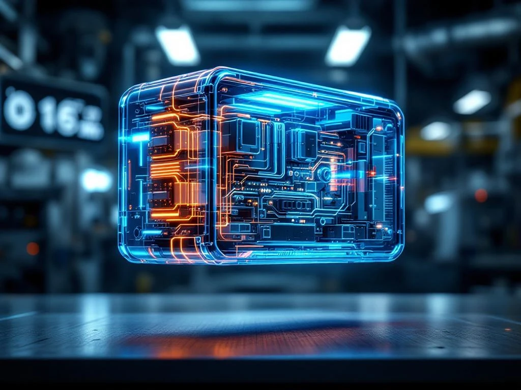 Futuristic hybrid battery pack with glowing blue and amber energy flows hovering above high-tech laboratory workbench