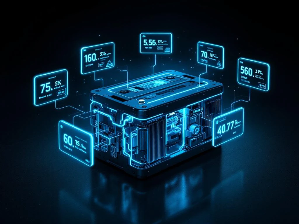 High-tech hybrid battery pack with cooling tubes, heat sinks, and seven floating holographic displays showing performance data
