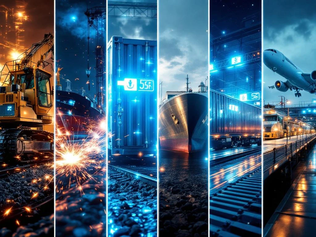 Industrial battery systems integrated across eight applications: construction excavator, ship, mining equipment, train, aircraft, forklift, and manufacturing facility with blue electrical connections