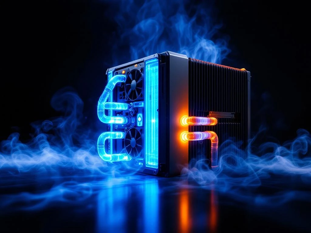 High-tech industrial battery pack with cooling fins, blue liquid cooling tubes, fans, and metallic housing on dark background.