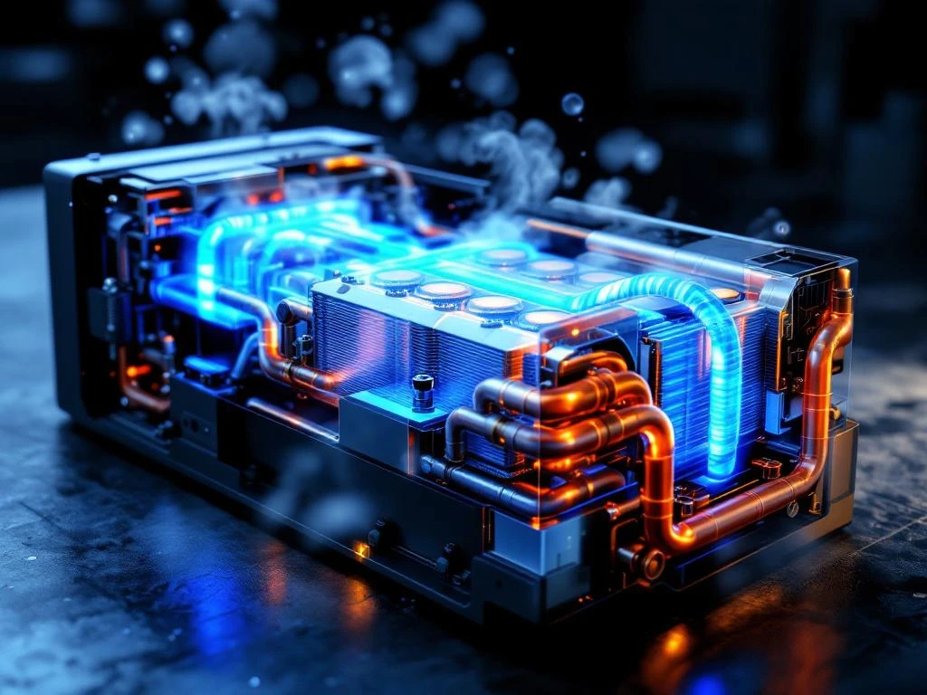 Cutaway view of liquid-cooled battery pack with blue coolant flowing through copper tubes and glowing amber battery cells