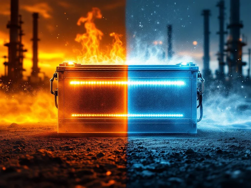 Industrial battery comparison: overheating standard battery with orange warnings versus efficient liquid-cooled battery with blue cooling channels in desert environment.
