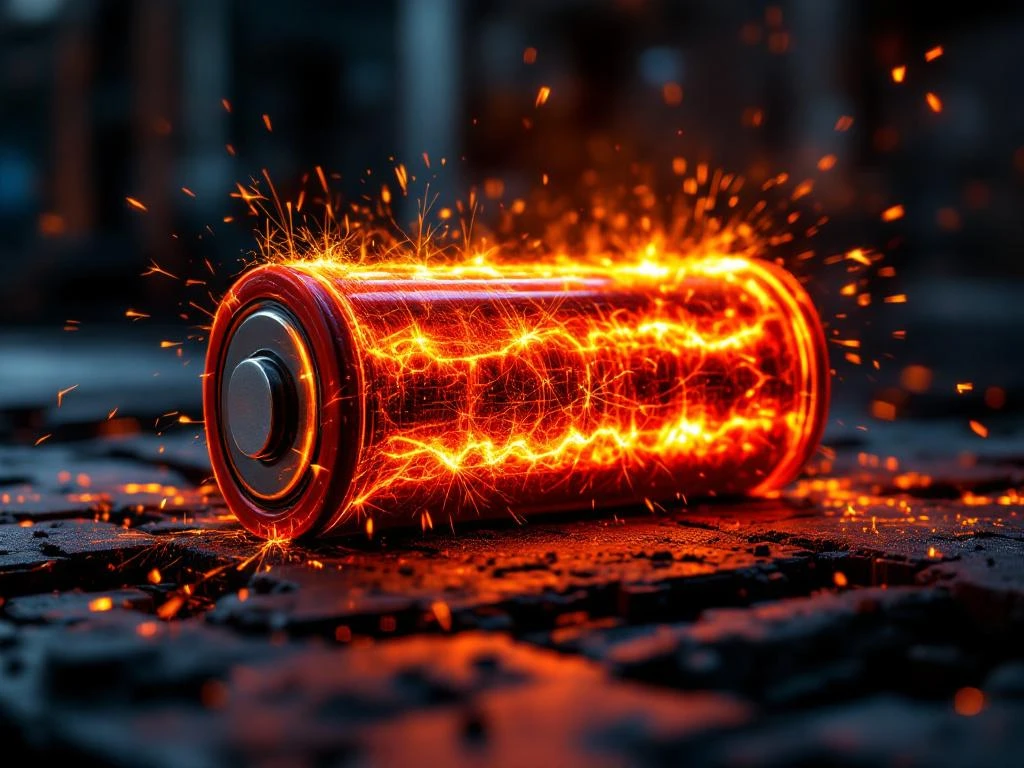 Overheating lithium battery with orange glow, sparks, and thermal distortion showing dangerous thermal runaway condition