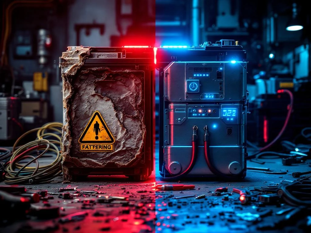 Damaged corroded EV battery with swelling and rust compared to pristine modular battery system in industrial workshop