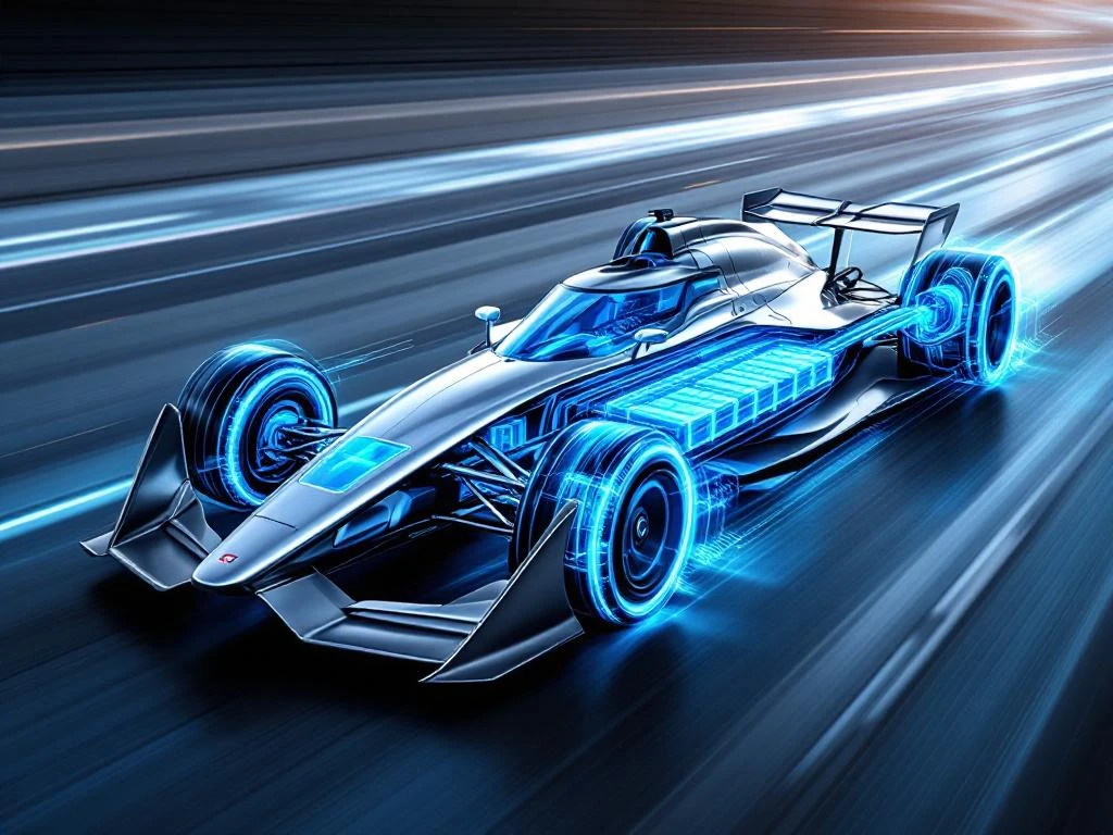 Formula E racing car with cutaway view showing blue liquid-cooled battery system and transparent cooling tubes on racetrack
