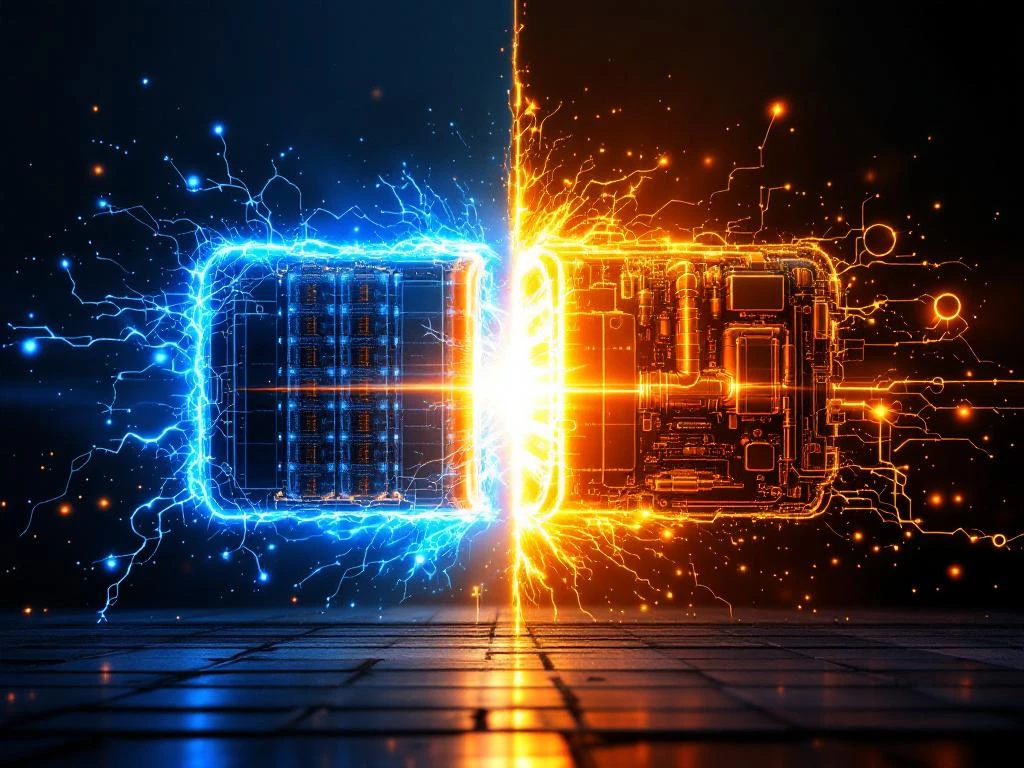Split-screen showing lithium-ion battery cells with blue electrical arcs merging with fuel cell components and orange energy flows, creating golden fusion light with industrial equipment silhouettes in background.