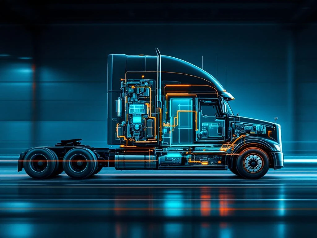 Heavy-duty truck cutaway showing diesel engine on left and glowing fuel cell battery system on right in industrial setting.