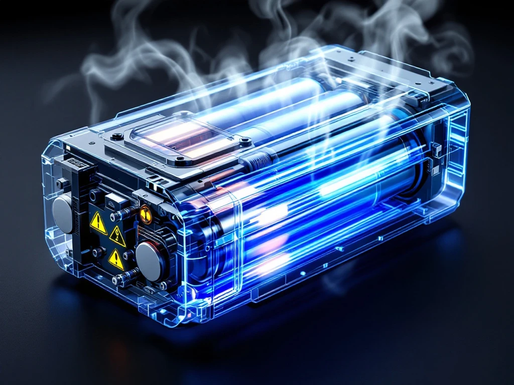 Cross-section of liquid-cooled battery pack showing blue coolant flowing through channels between cells with safety indicators