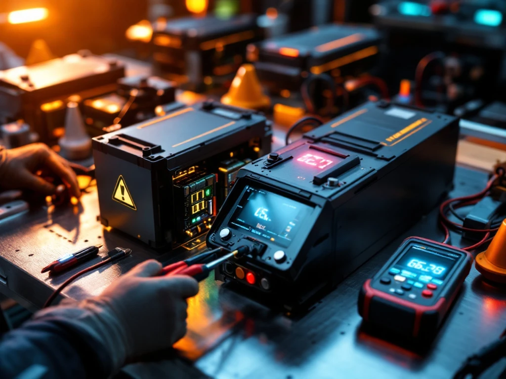 Industrial battery modules on metallic workbench with digital multimeter testing voltage, safety equipment visible