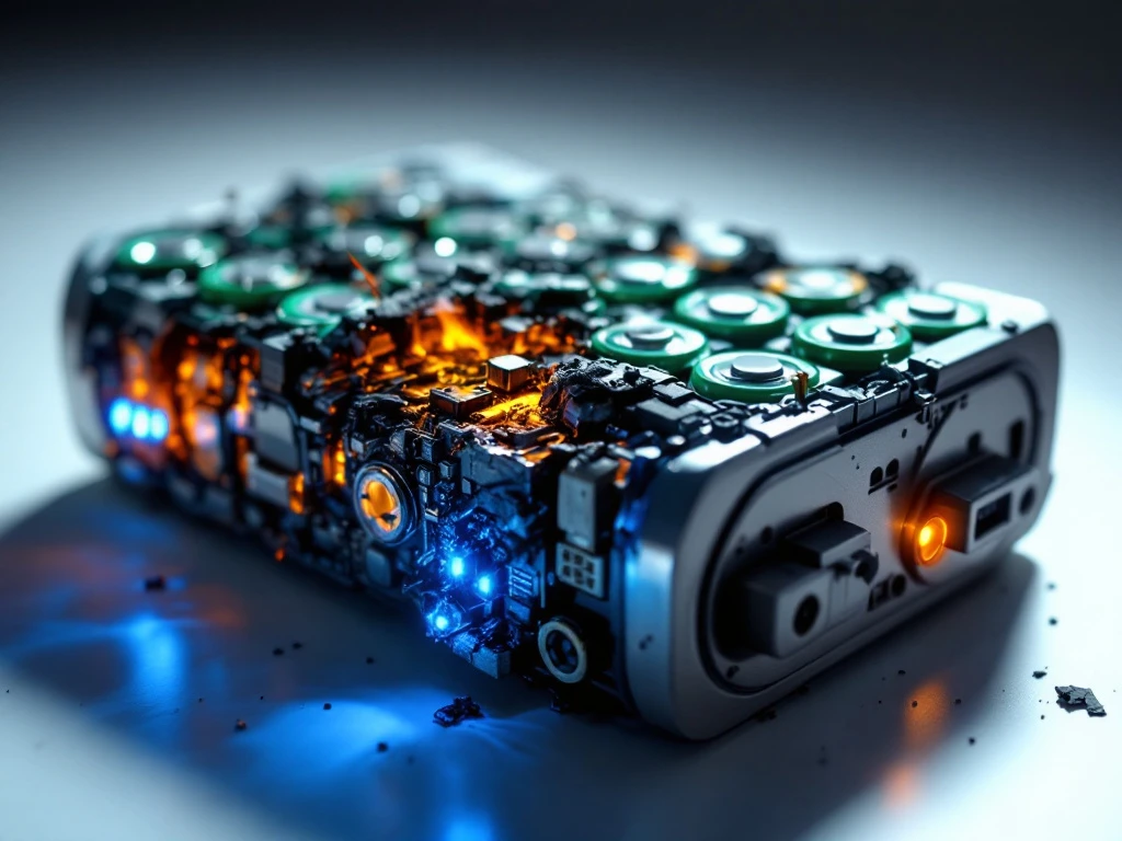 Damaged lithium battery pack showing swollen cells, corroded terminals, burn marks, and electrolyte leaks on white surface.
