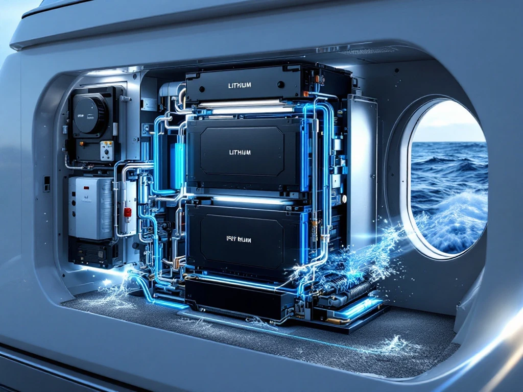 Marine lithium battery system cross-section in yacht engine compartment with safety components and waterproof housing
