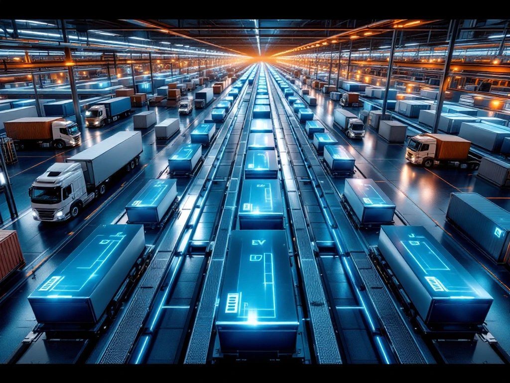 Aerial view of high-tech EV battery manufacturing facility with production lines, battery modules, and logistics trucks