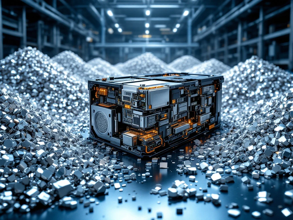 Disassembled electric vehicle battery pack revealing internal cells surrounded by sorted recycled materials including lithium, cobalt, and nickel in modern facility