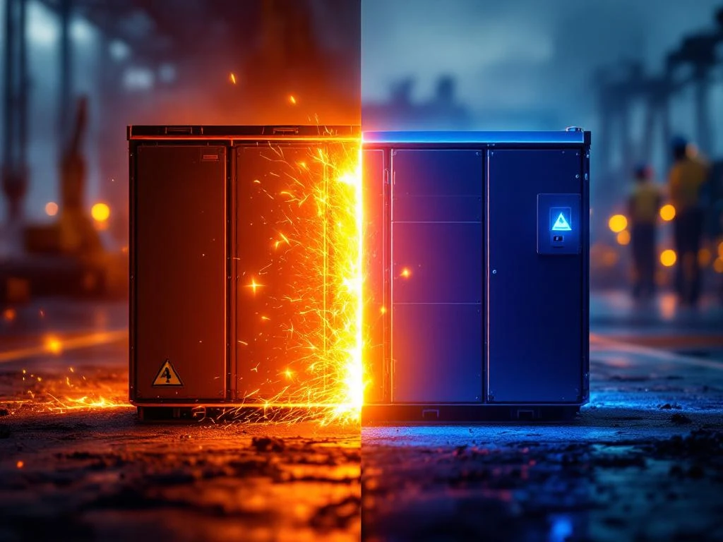 Split-screen comparison: overheating standard EV battery with red glow and sparks versus cool blue modular battery system in industrial setting.
