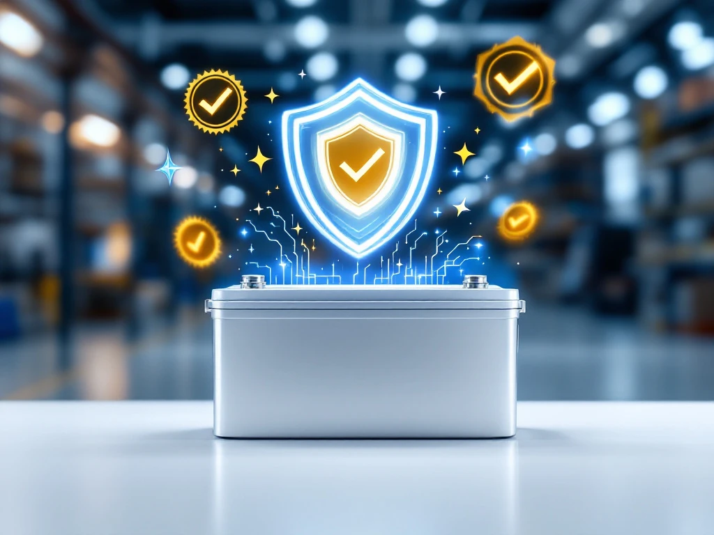 Custom EV battery module with protective shield and certification seals on white surface in professional studio lighting