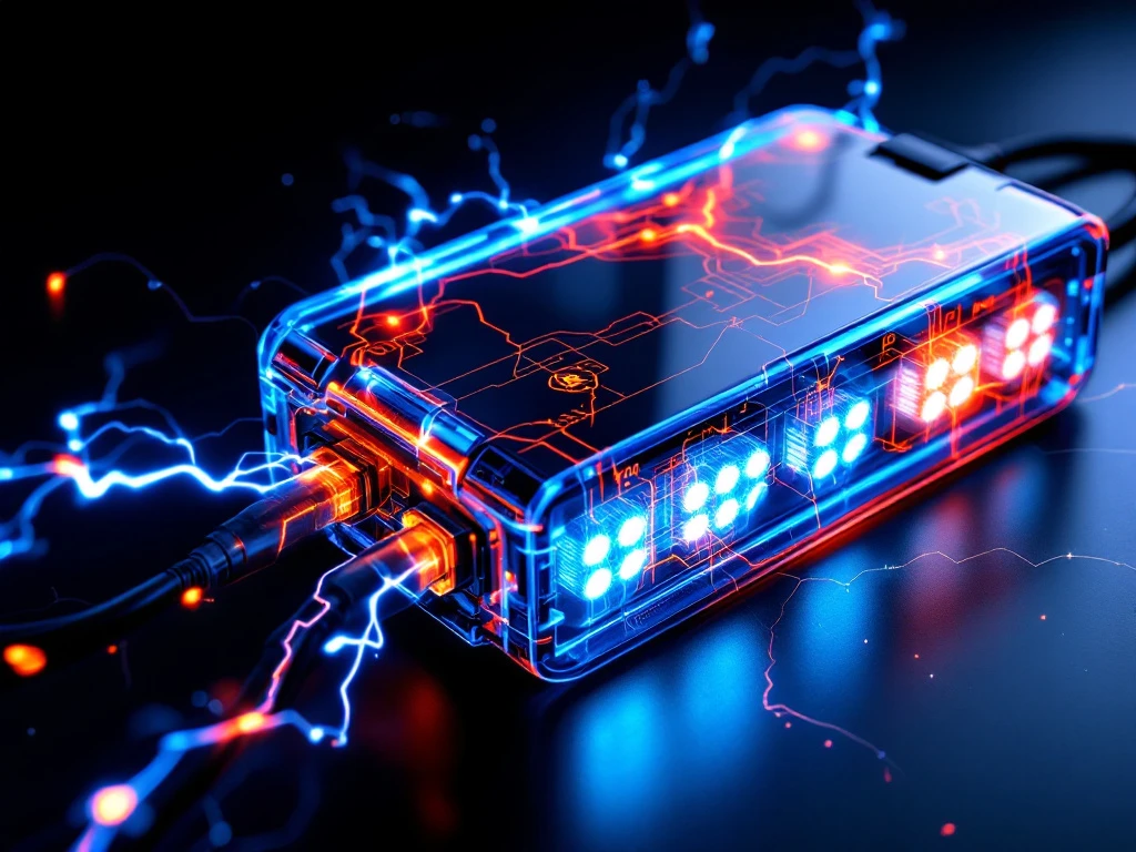 Electric vehicle battery pack with glowing blue lithium-ion cells and charging cables showing thermal heat patterns in orange-red.