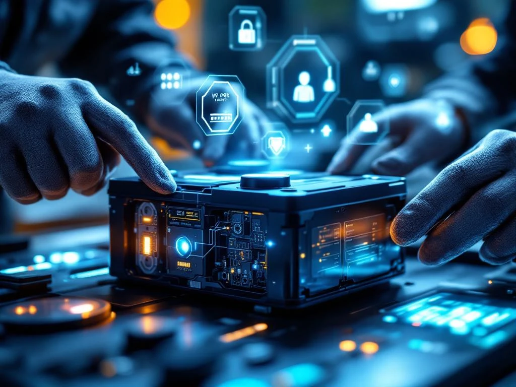 Technician inspecting electric vehicle battery pack with holographic diagnostic interface and blue LED lighting in workshop