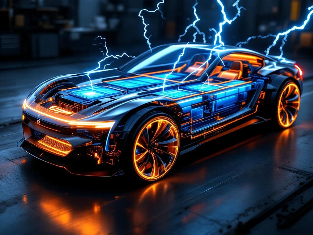 Electric vehicle cutaway showing glowing blue and orange battery cells with energy flows in automotive workshop