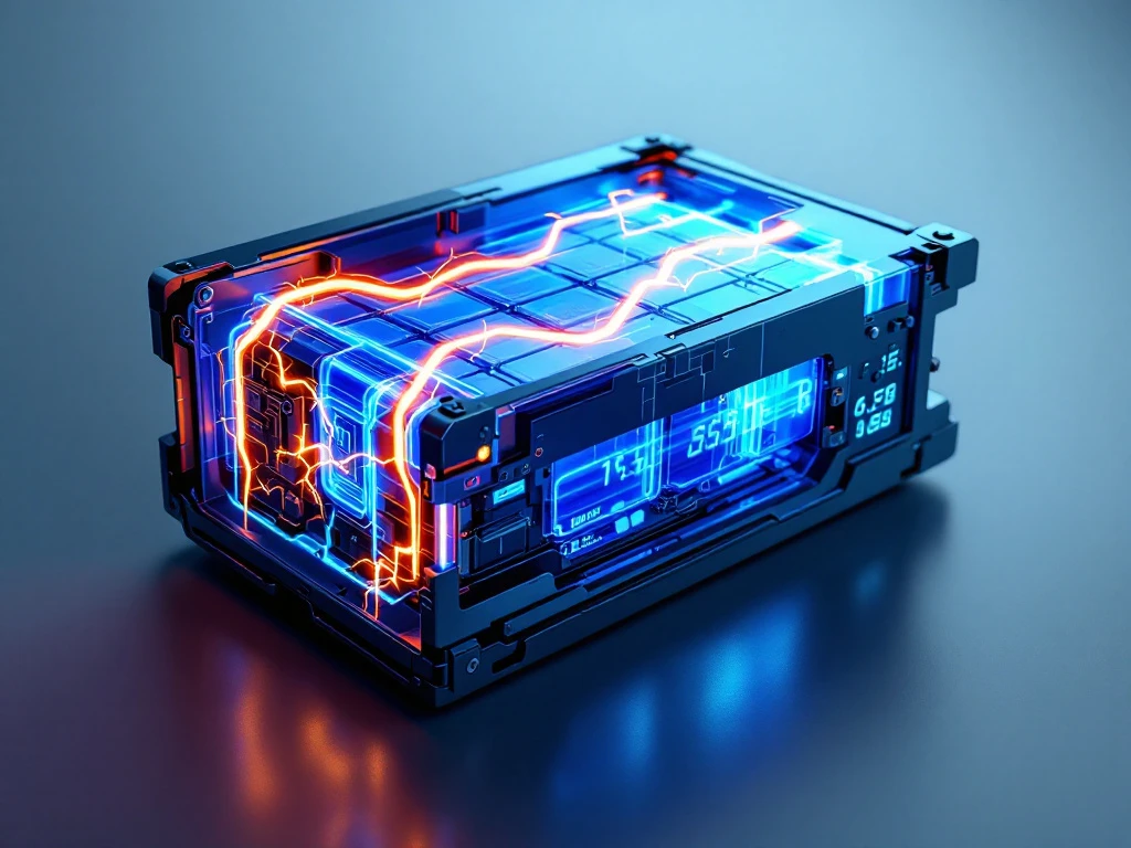 Electric vehicle battery pack cutaway showing lithium-ion cells with blue cooling channels and golden current flow visualization