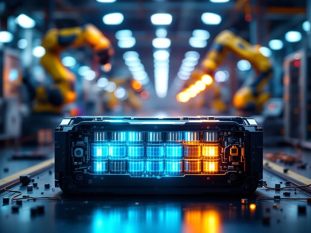 Electric vehicle battery pack cutaway with glowing cells being refurbished by robotic equipment in modern industrial facility