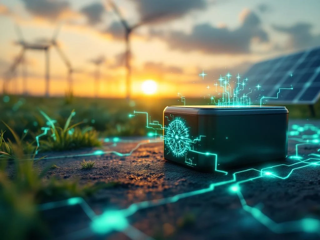 Electric vehicle battery pack with glowing blue cells connected to wind turbines and solar panels during golden hour.