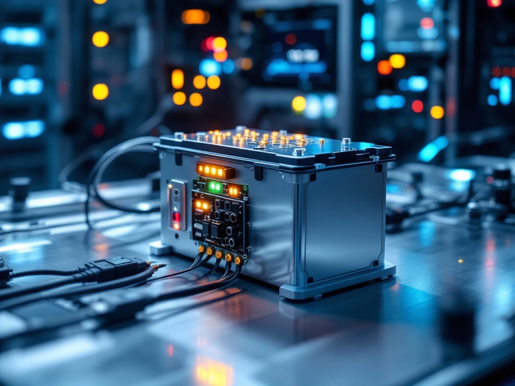 Electric vehicle battery pack on testing bench with monitoring equipment and sensors in modern laboratory setting.