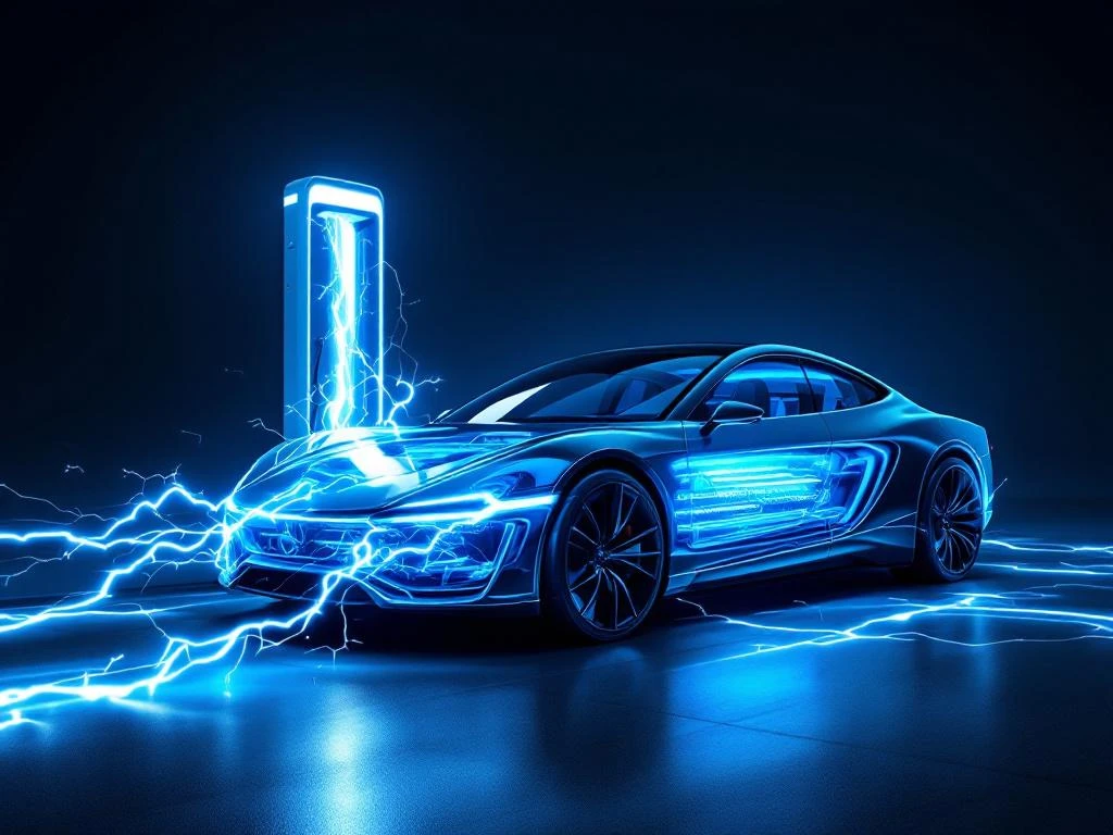 Electric vehicle charging at modern station with glowing blue energy bolts flowing into transparent battery compartment