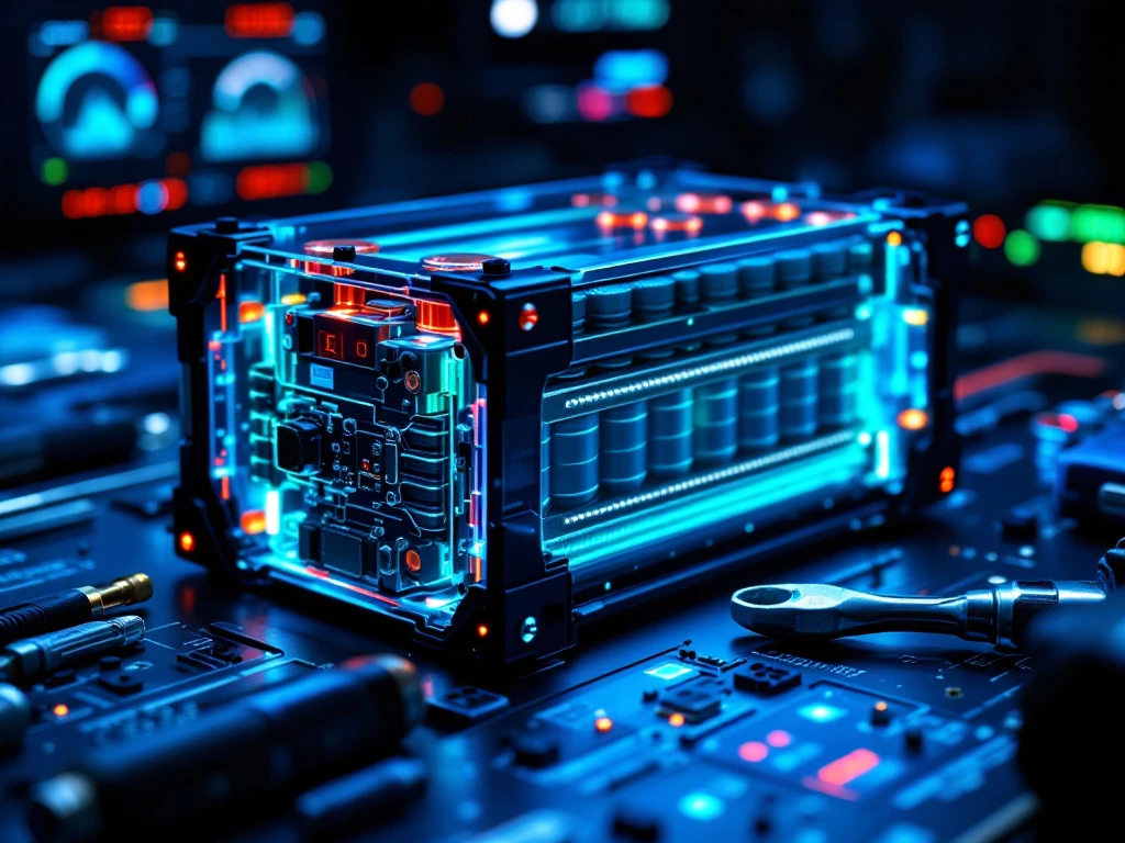 Custom EV battery module with exposed cooling channels, monitoring sensors, and copper connections under blue LED lighting with diagnostic tools nearby.